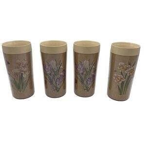 Thermo-Serv Garden Glories Tumblers Set of 4 Tan VTG 1982 Floral Butterfly Bee